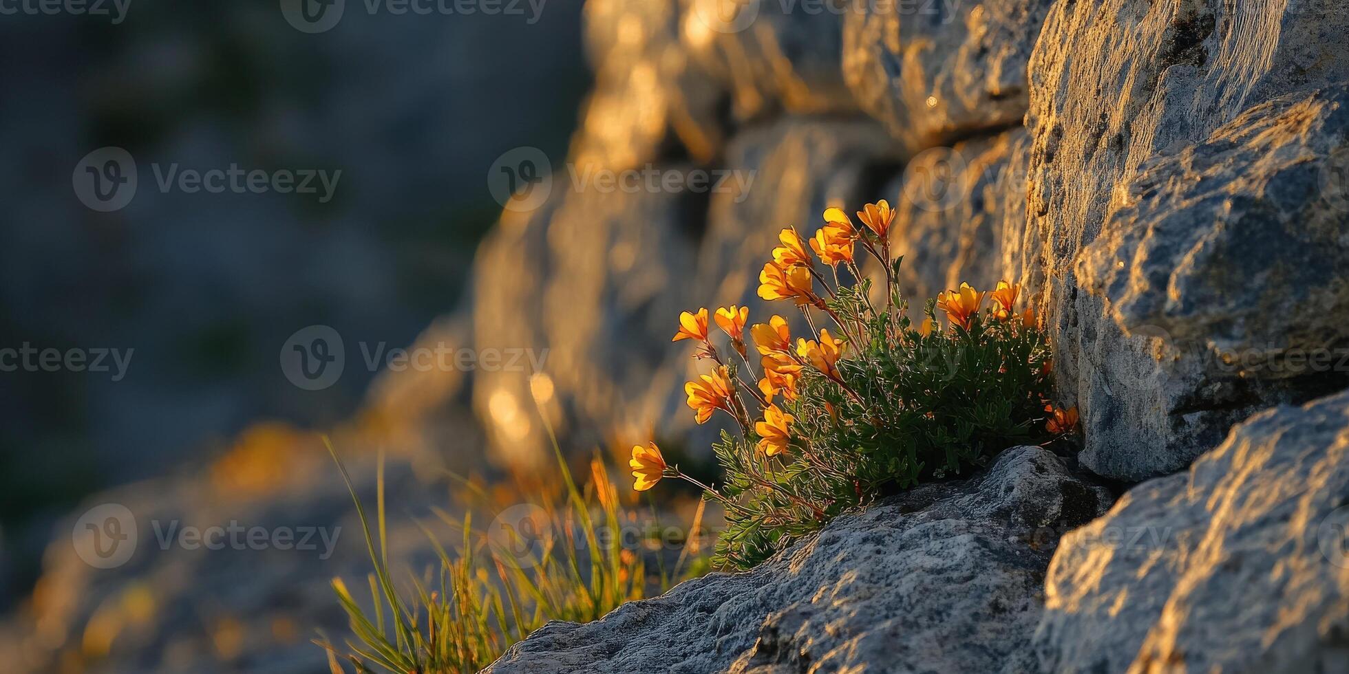 Orange flowers growing on the side of a rock photo