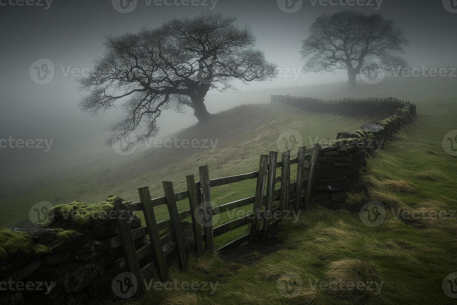 Foggy field with stone fence and trees photo