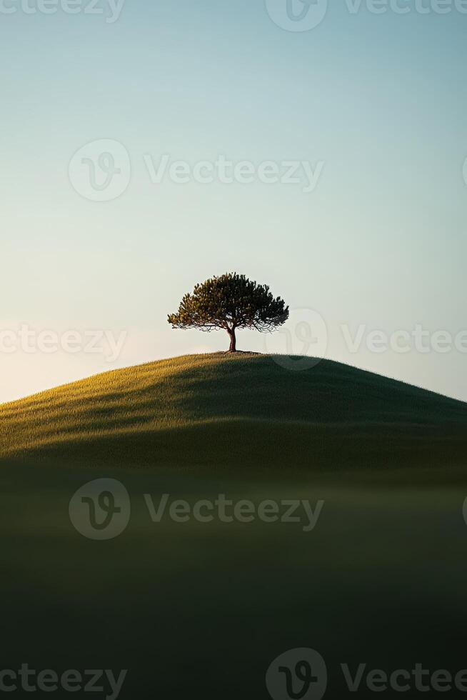 A lone tree on a hill in the middle of a field photo
