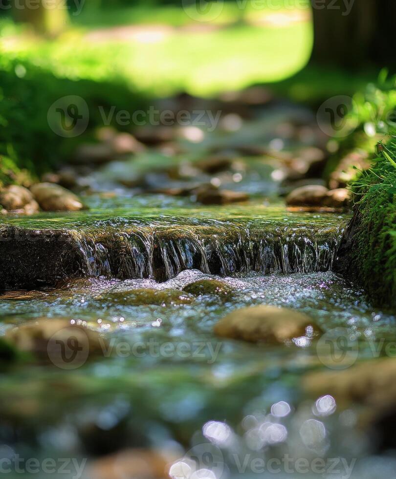 A stream flowing through a forest with grass and rocks photo