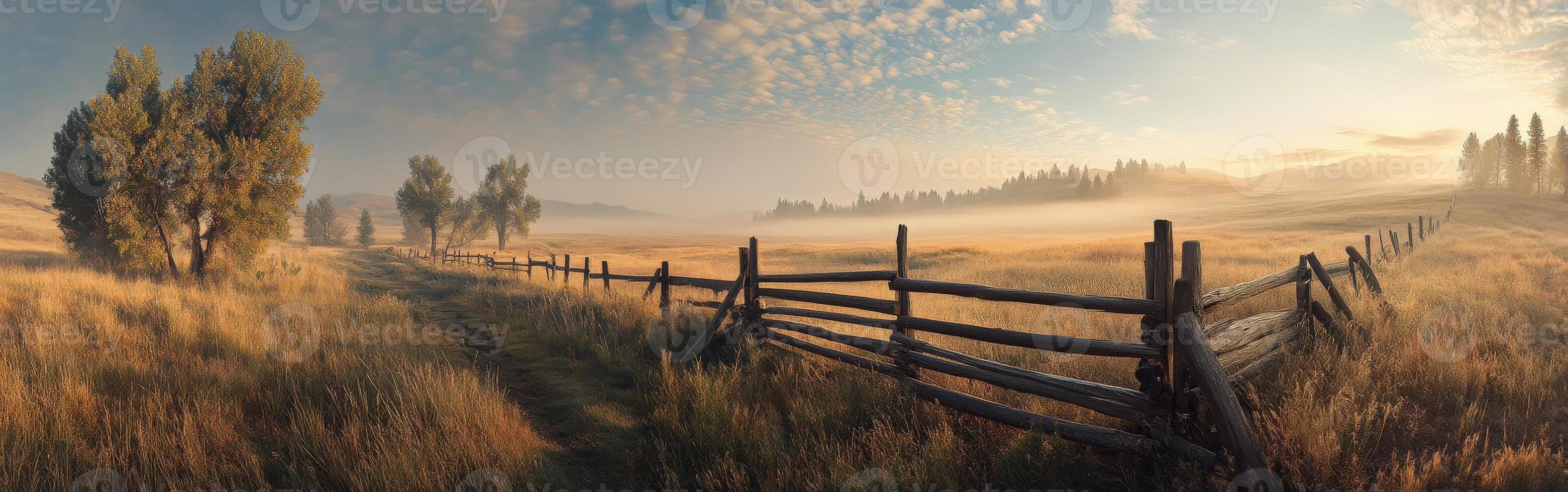 A fence in the middle of a field with trees and grass photo