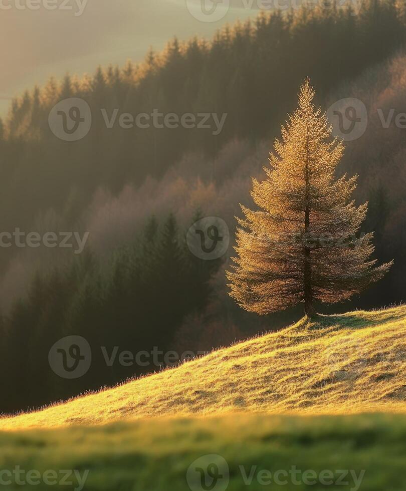 A lone tree stands on a hillside in the sun photo