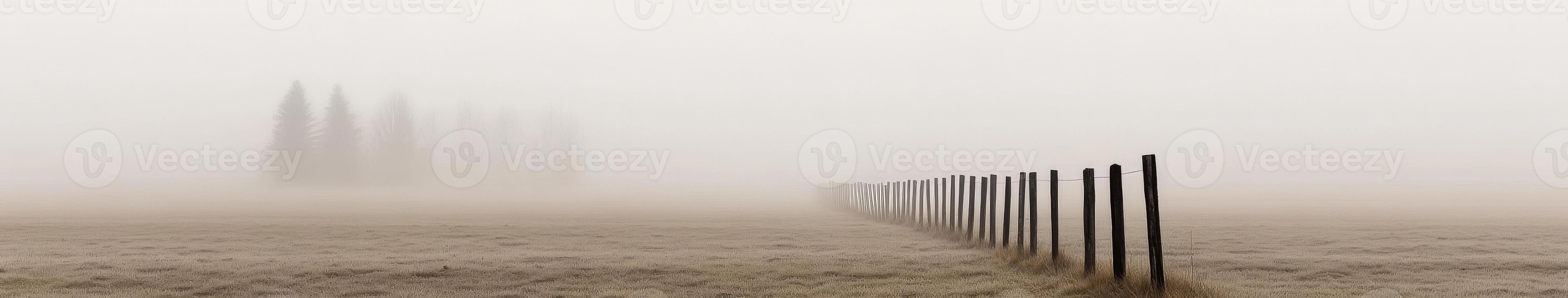 Foggy field with fence and trees in the distance photo