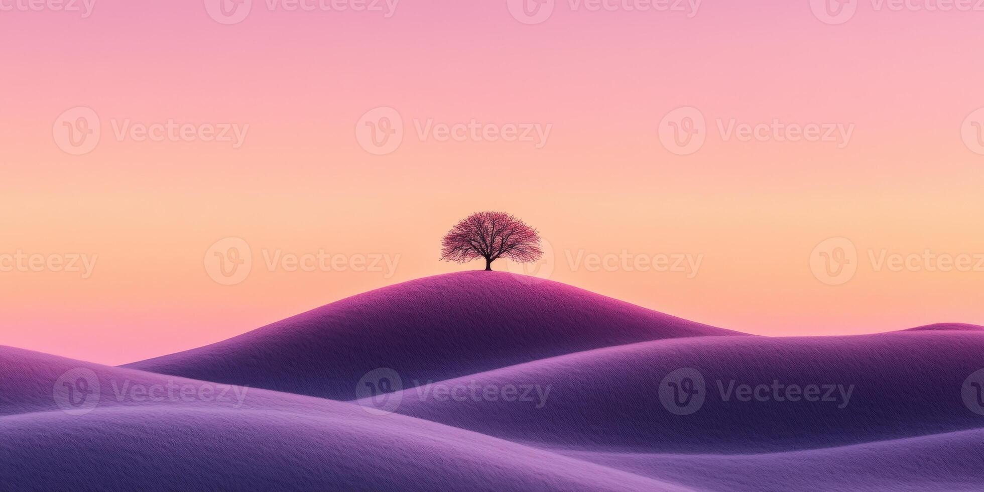 A lone tree stands on top of a hill in the middle of a purple sunset photo