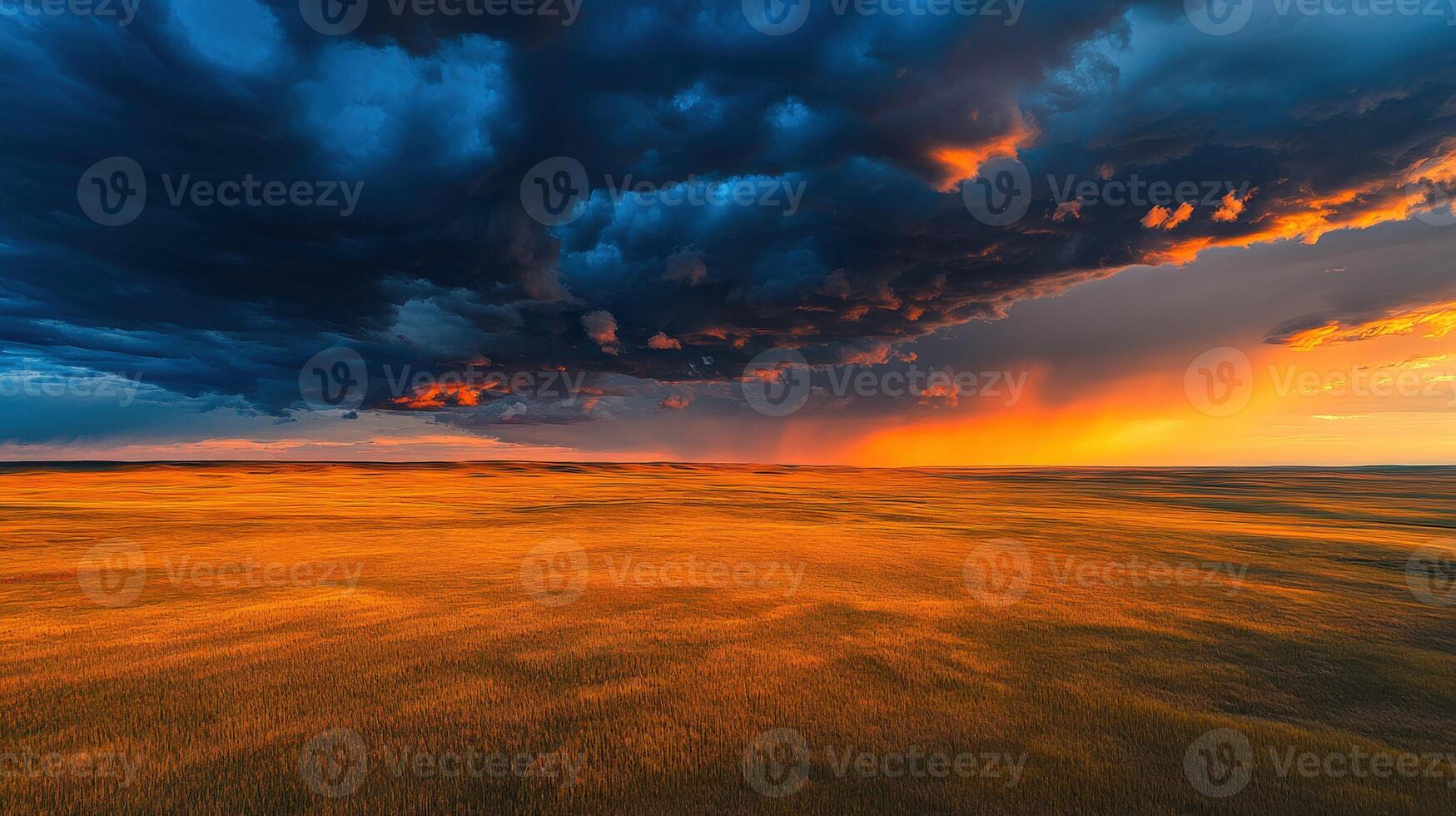 A stormy sky over a field with a rainbow photo