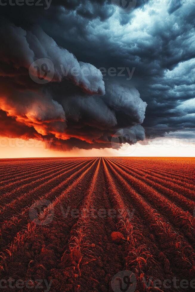 A stormy sky over a field with a plowed field photo