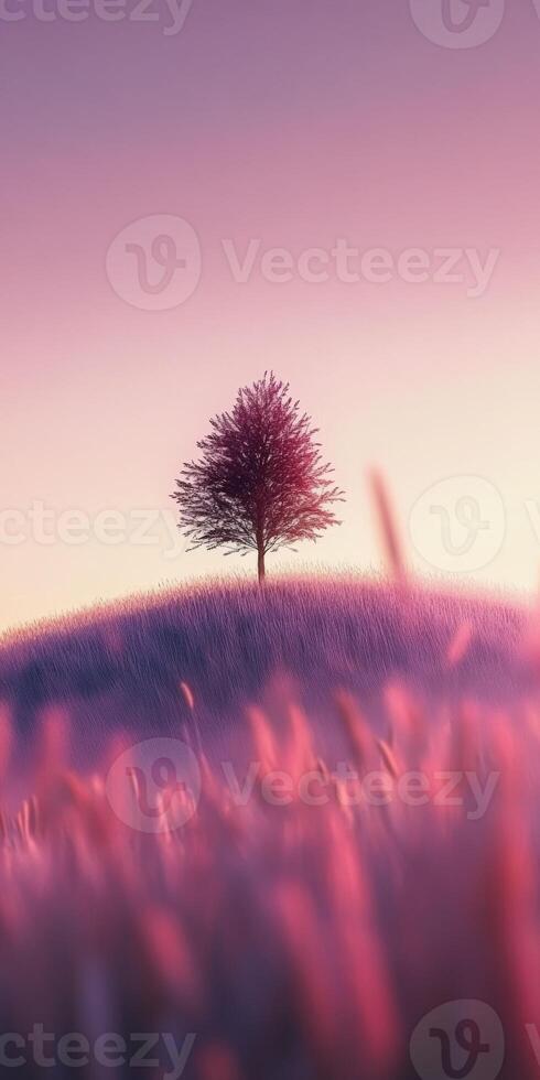 A lone tree stands in a field of purple flowers photo