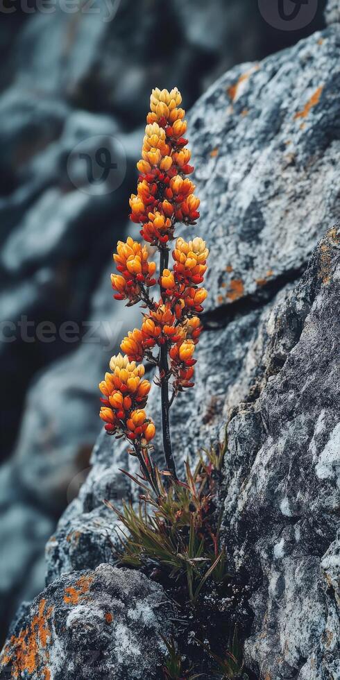 A single orange flower growing out of a rock photo