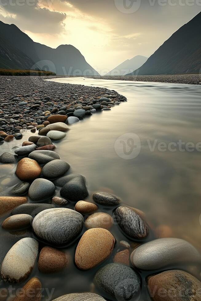 A river with rocks and water in the foreground photo