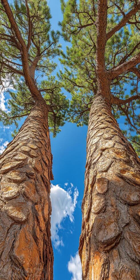 Two tall trees with a blue sky in the background photo