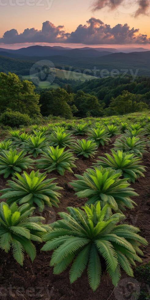 A field of ferns at sunset photo