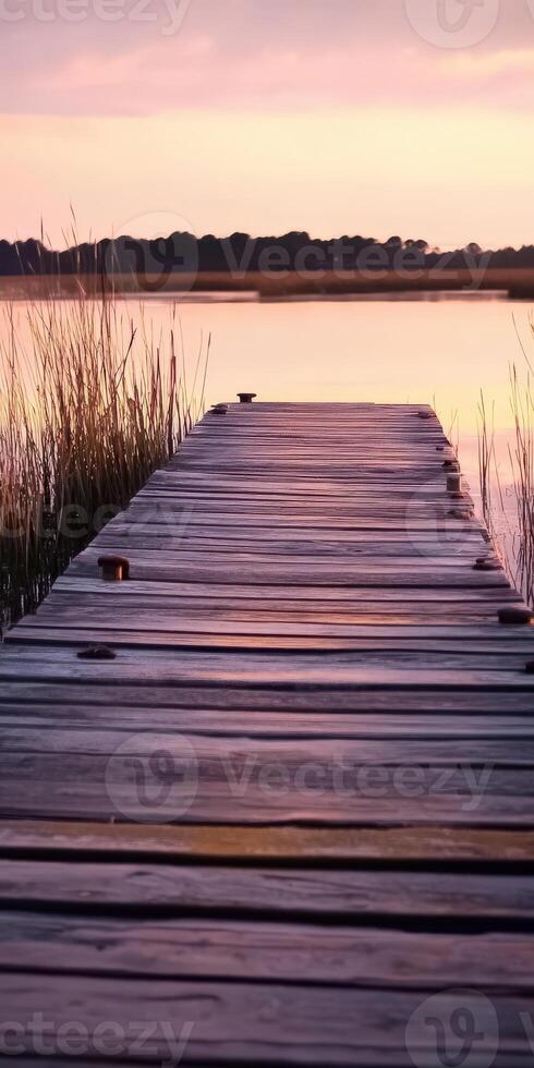 A wooden dock leads to the water at sunset photo