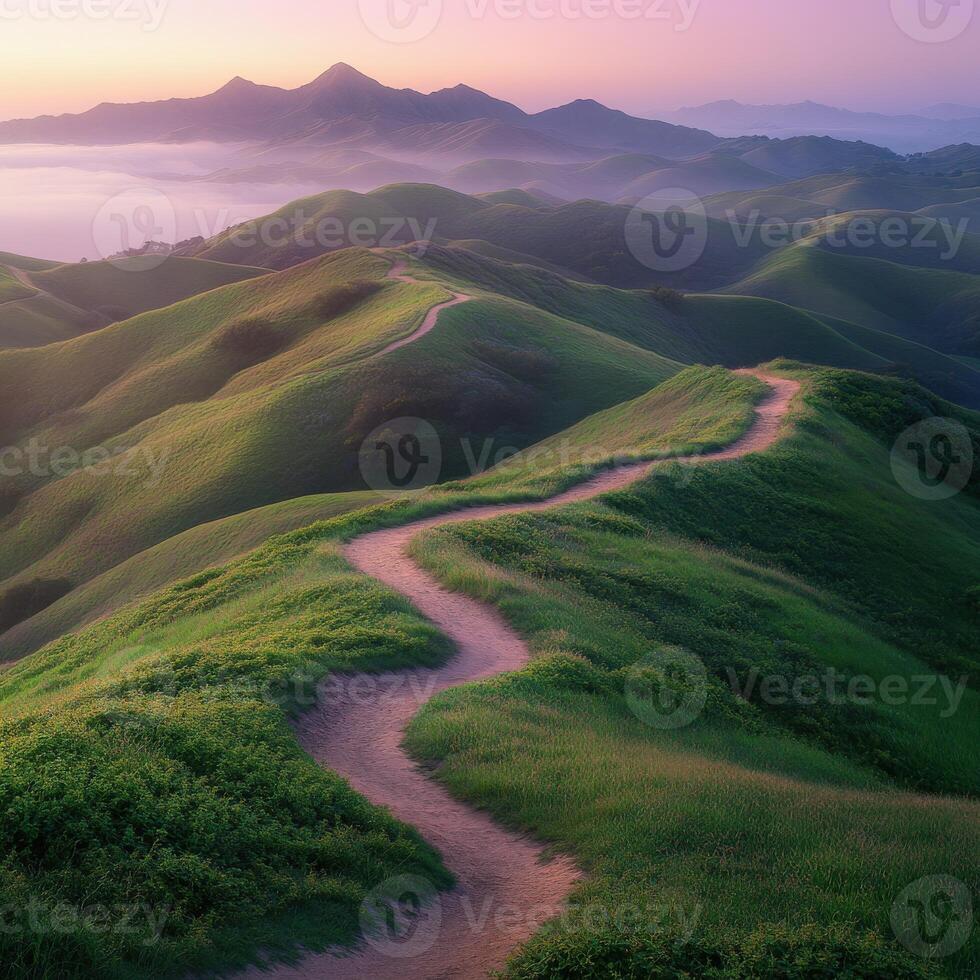 A dirt path winding through a green field photo