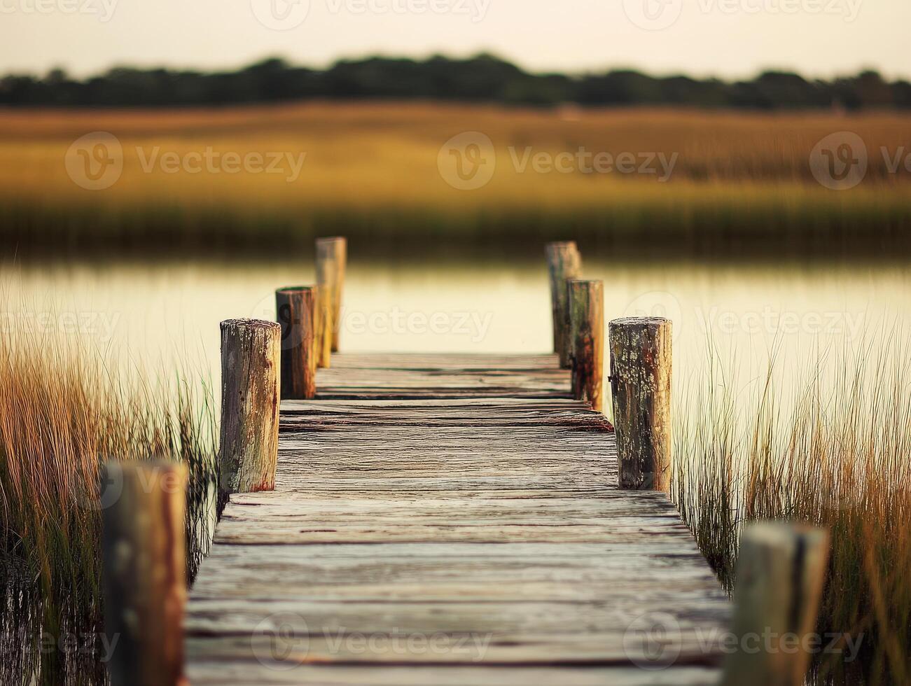 A wooden dock extends into the water photo