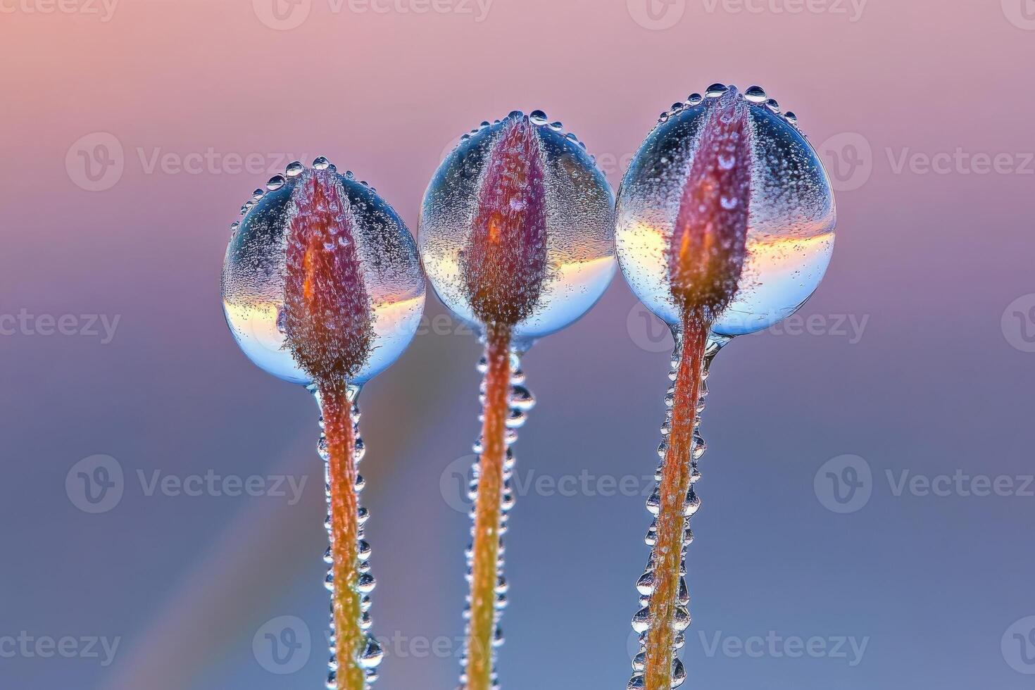 Three dew drops on a plant with water droplets photo