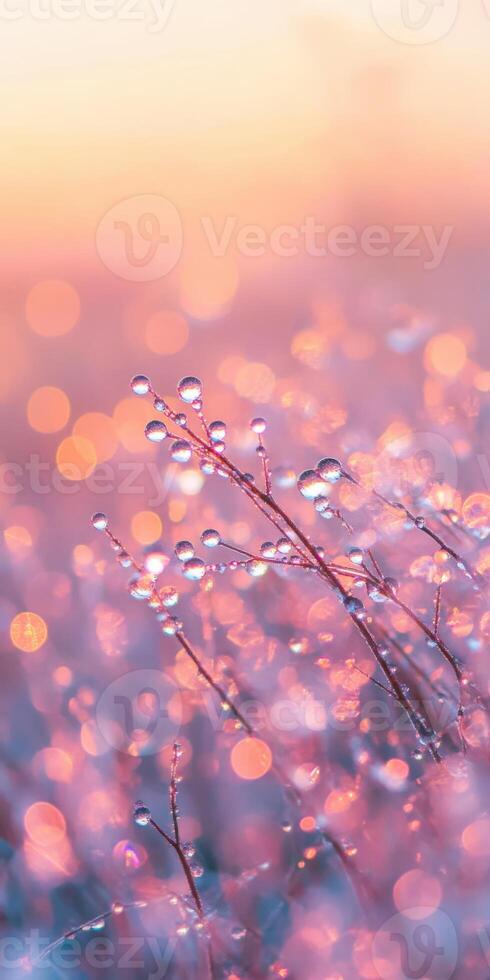 Water droplets on a plant in the sunset photo