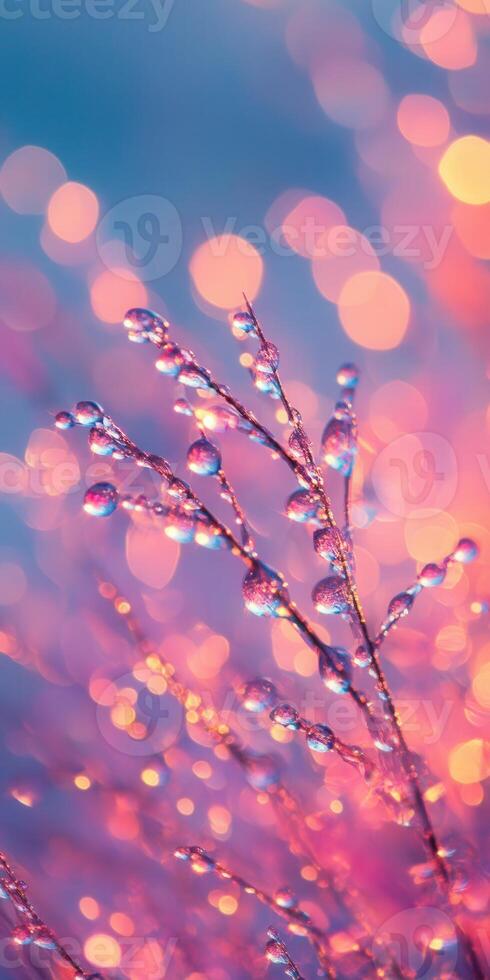 Water droplets on a plant in front of a pink sky photo