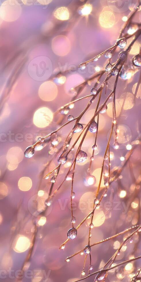 Water droplets on a branch with pink lights photo