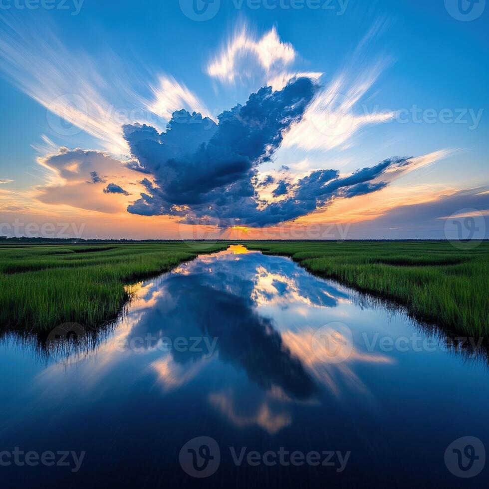 A beautiful sunset over a marshy area with clouds reflected in the water photo