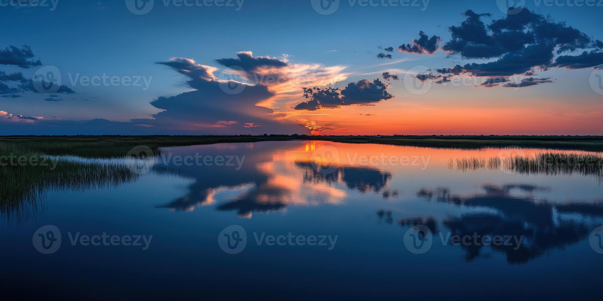 A sunset over the marsh with clouds reflected in the water photo