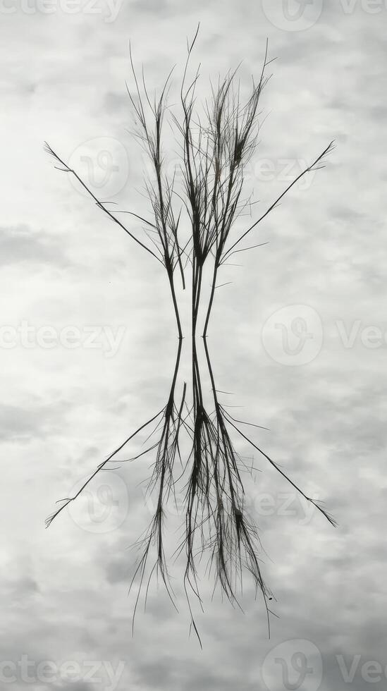 A tree with its roots reflected in water photo