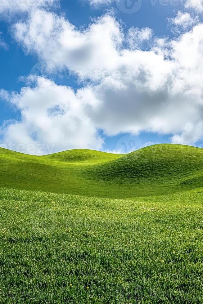 A green field with hills and clouds photo