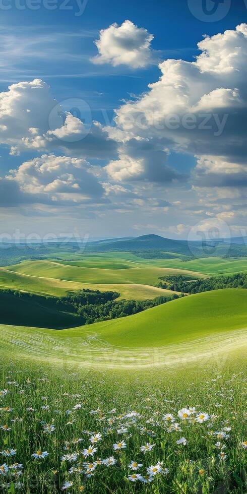 A beautiful green field with daisies and hills photo