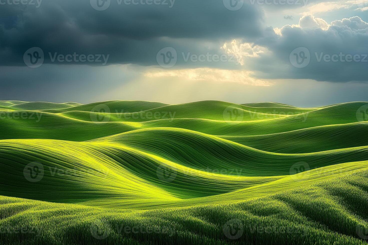 Green rolling hills with clouds and sun photo