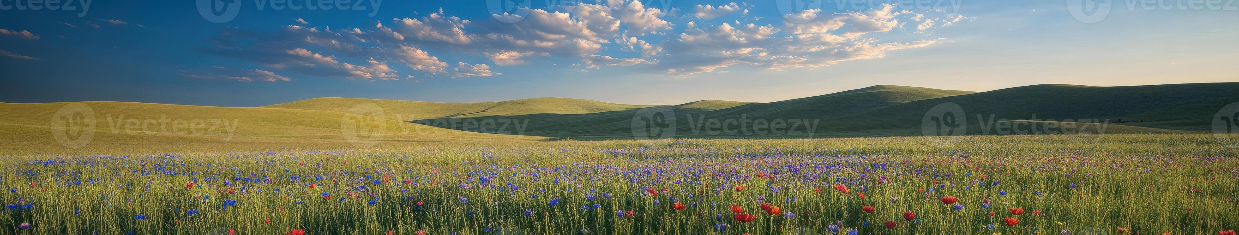 A field of wildflowers and hills under a blue sky photo