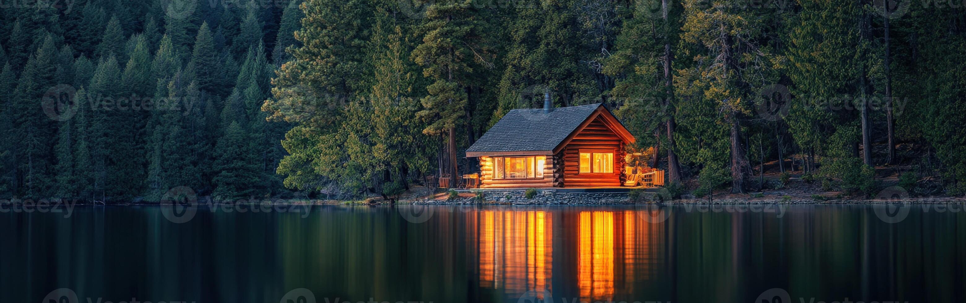 A small cabin sits on the edge of a lake at night photo