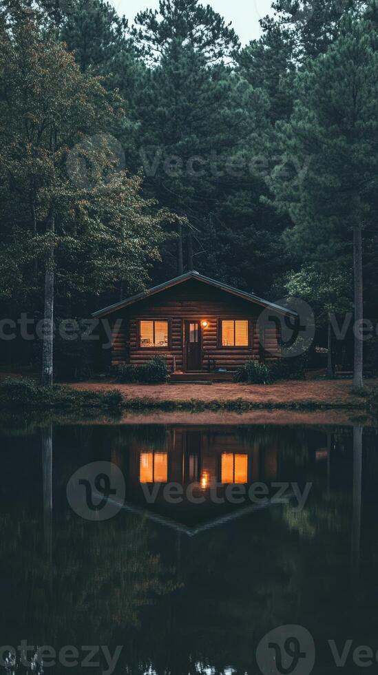 A cabin in the woods with a reflection of the house in the water photo