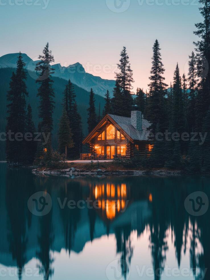A cabin sits on the shore of a lake at dusk photo