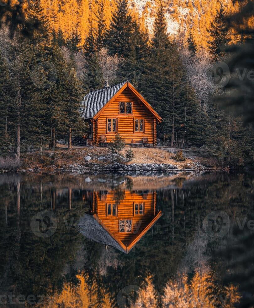 A cabin is reflected in the water photo