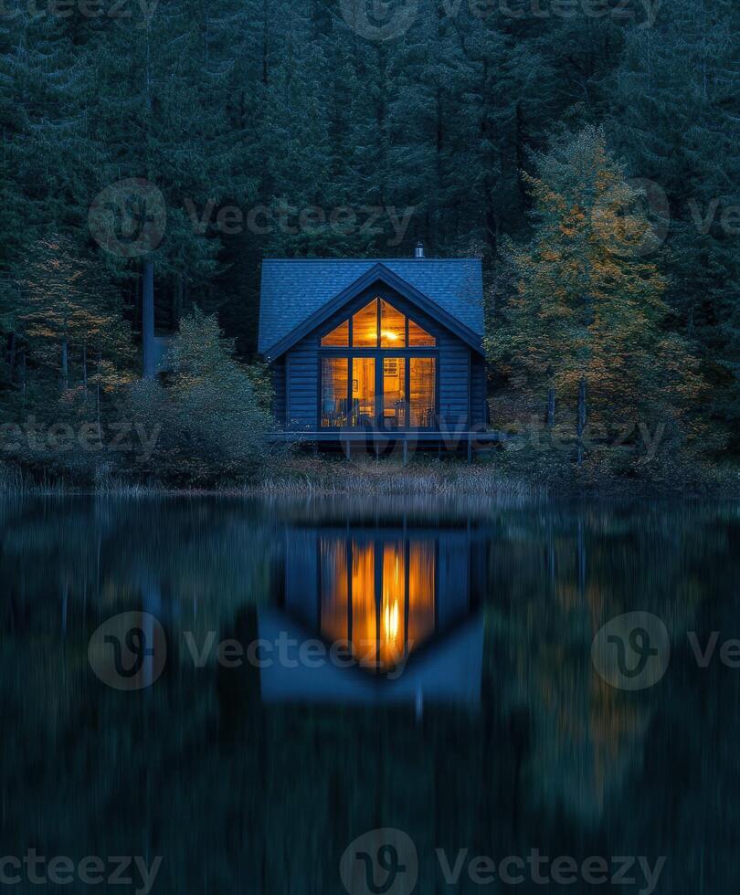 A cabin in the woods at night photo