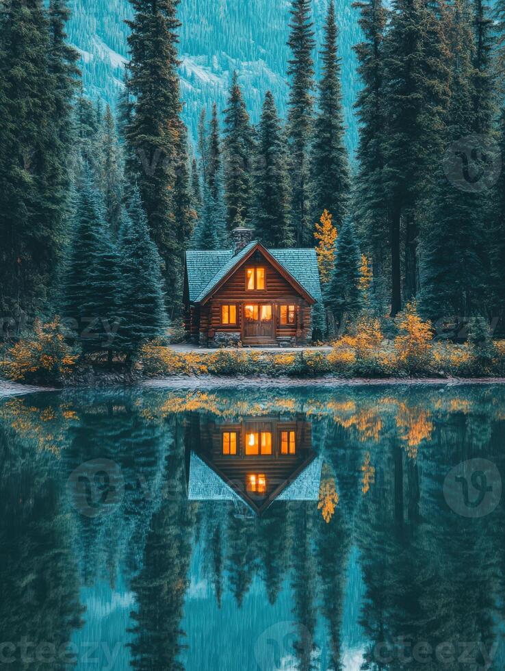 A cabin in the woods with a reflection in the water photo