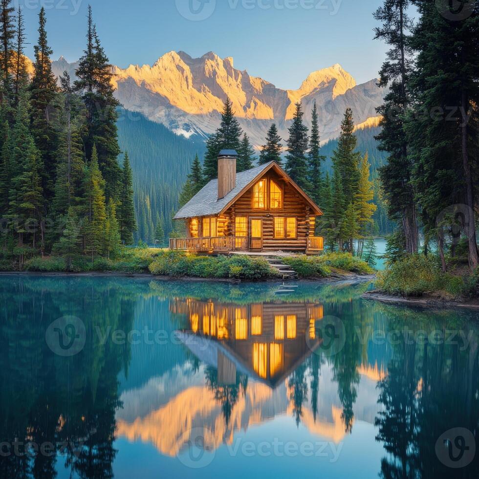 A log cabin sits on the shore of a lake with mountains in the background photo