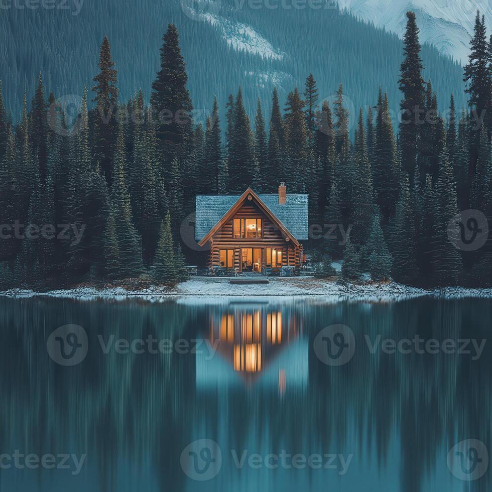 A cabin sits on the shore of a lake surrounded by trees photo
