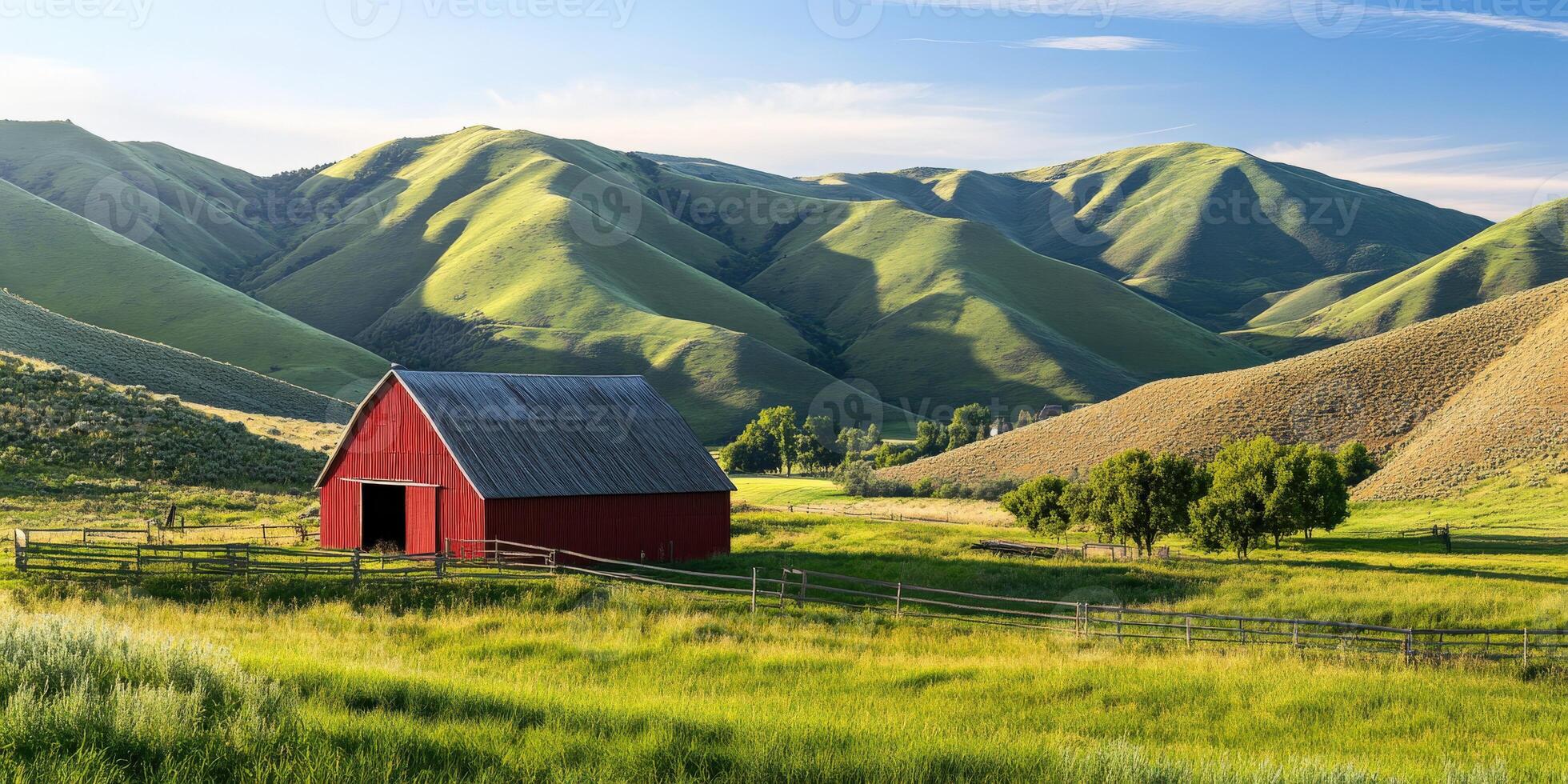 A red barn in the middle of a field photo