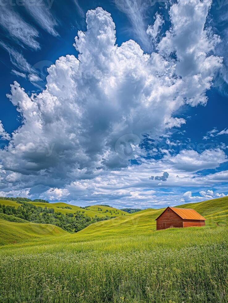 A red barn sits in a green field under a cloudy sky photo