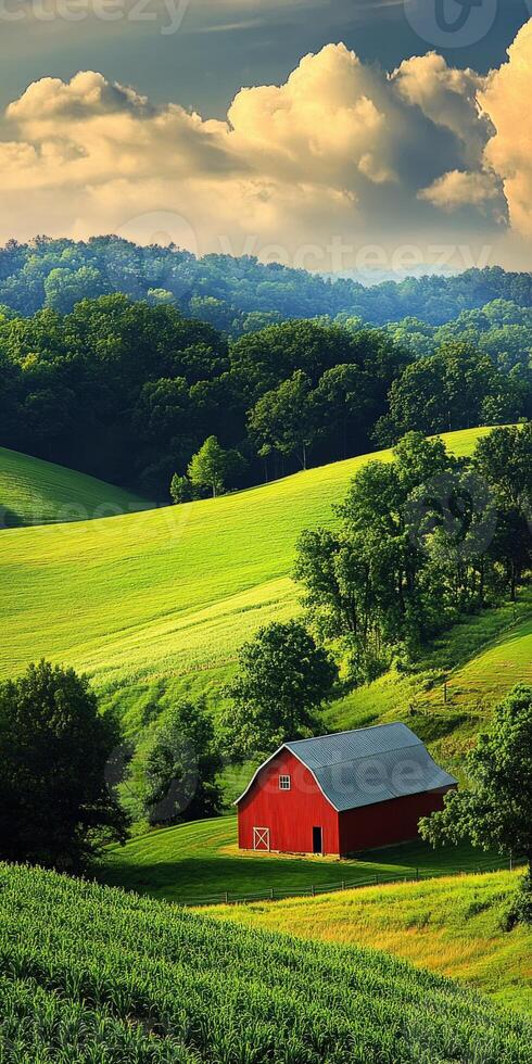 A red barn in a green field with trees and clouds photo