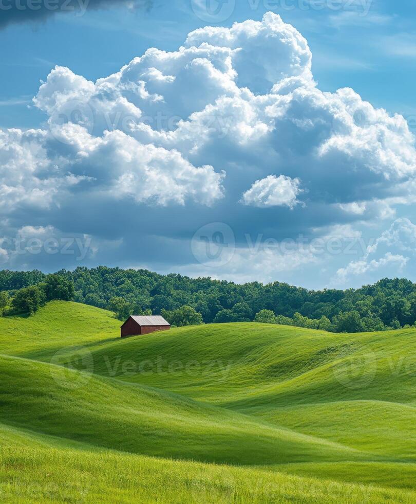 A field with a red barn in the middle photo