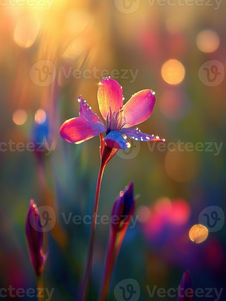 A pink flower is in the foreground with sun rays photo