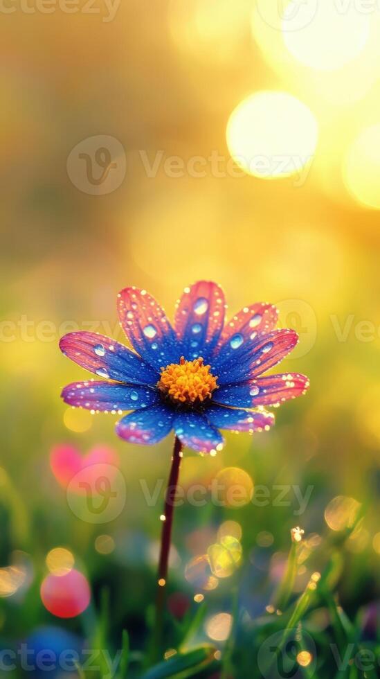 A single blue flower is standing in the grass with water droplets photo