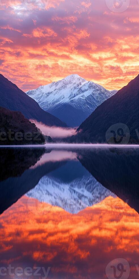 Majestic sunset reflecting on lake photo