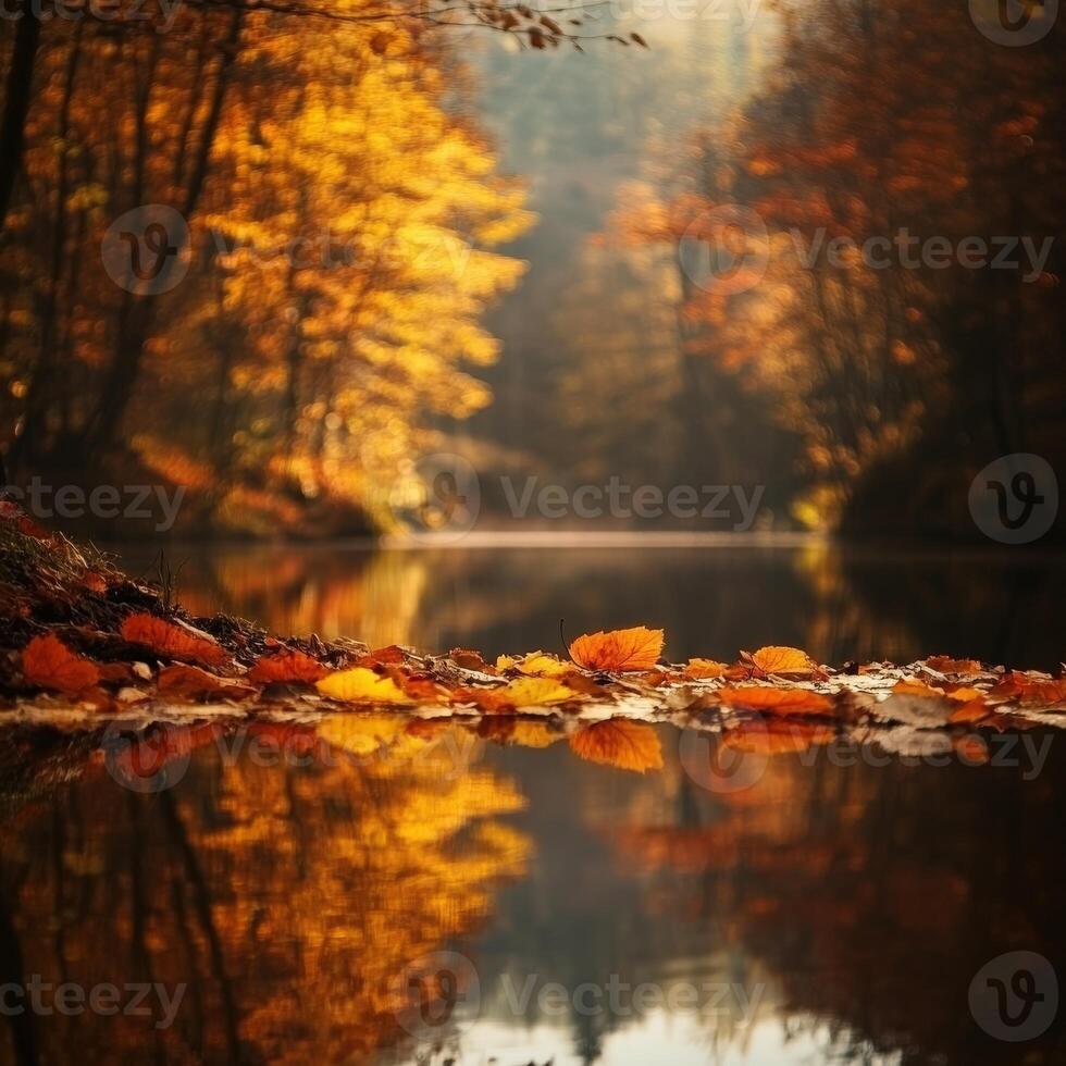 Autumn leaves reflect in calm water photo