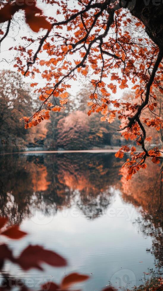 Autumn foliage reflecting in water photo