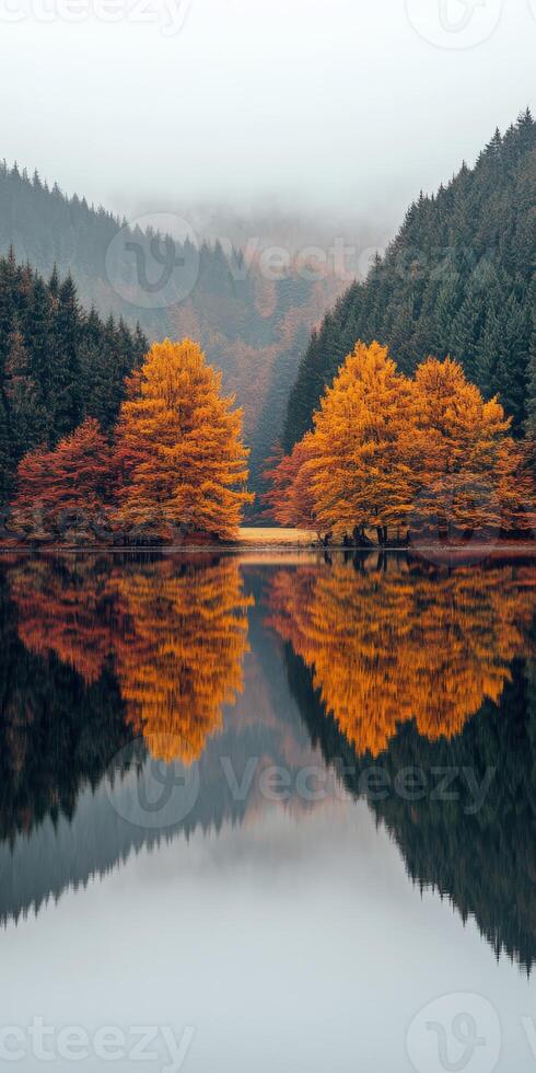 Fall trees in calm water photo
