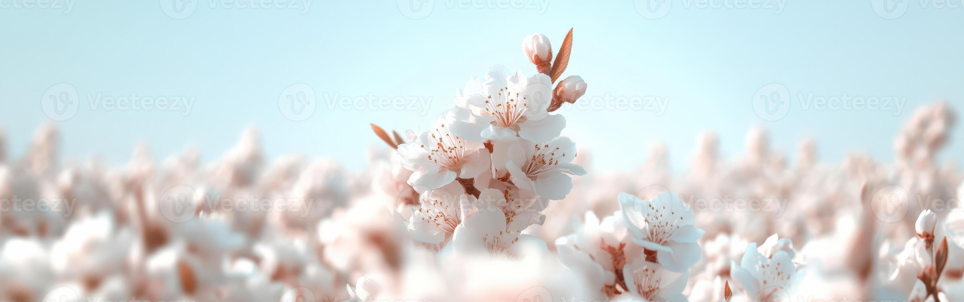 A field of white flowers with a blue sky in the background photo