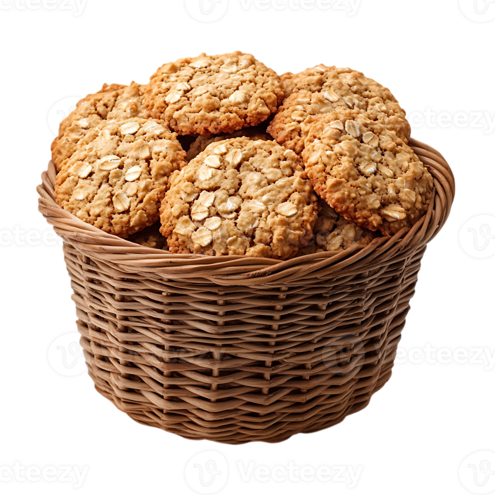 A basket filled with oatmeal cookies on over transparent background png
