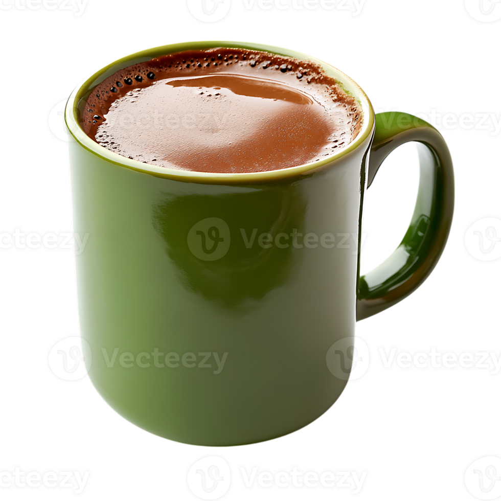A green mug with a hot chocolate in it transparent background png